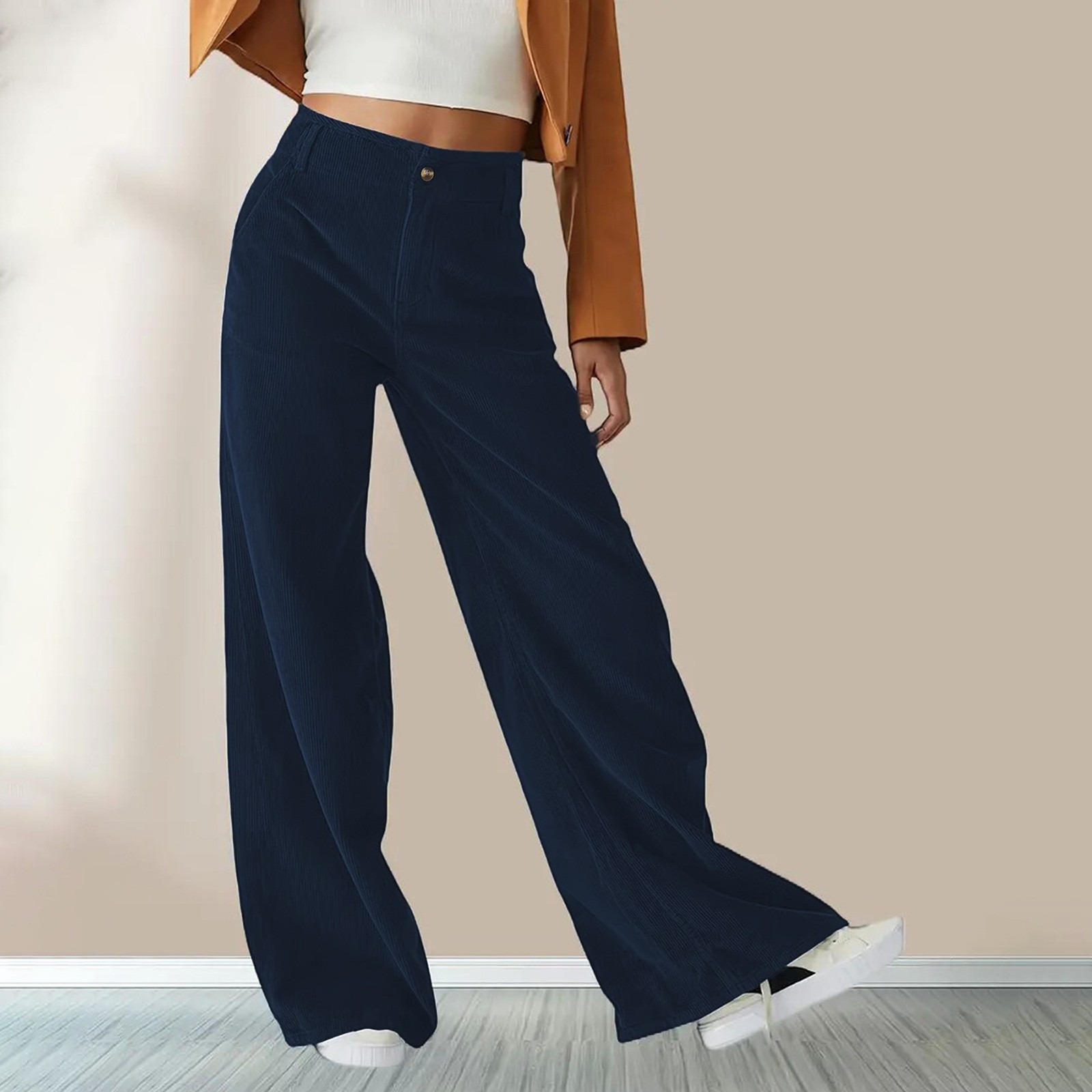 thumbnail image 3 of Pantalones anchos de pana vintage para mujer: cintura alta, parte trasera elástica, bolsillos laterales, corte recto para ropa informal, 3 of 6